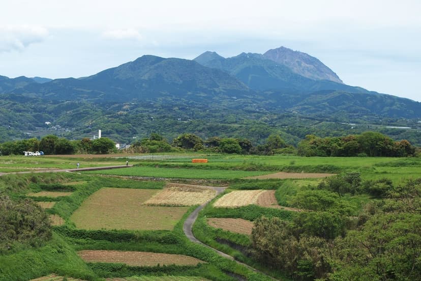 Mount Unzen and farmland seen from the Hara Castle ruins